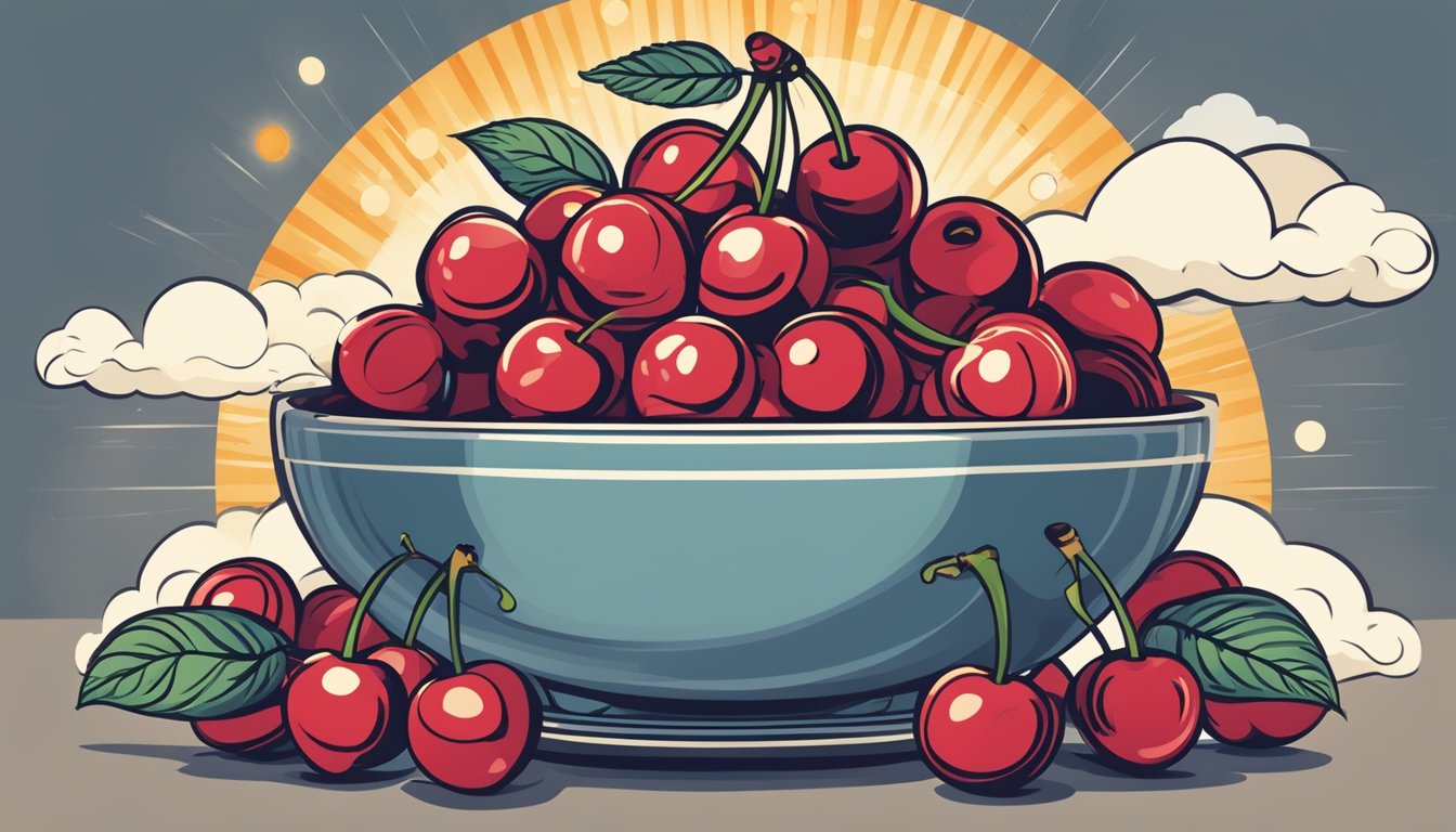 A bowl of cherries surrounded by brain-shaped clouds and a shining sun, symbolizing the cognitive benefits of cherries