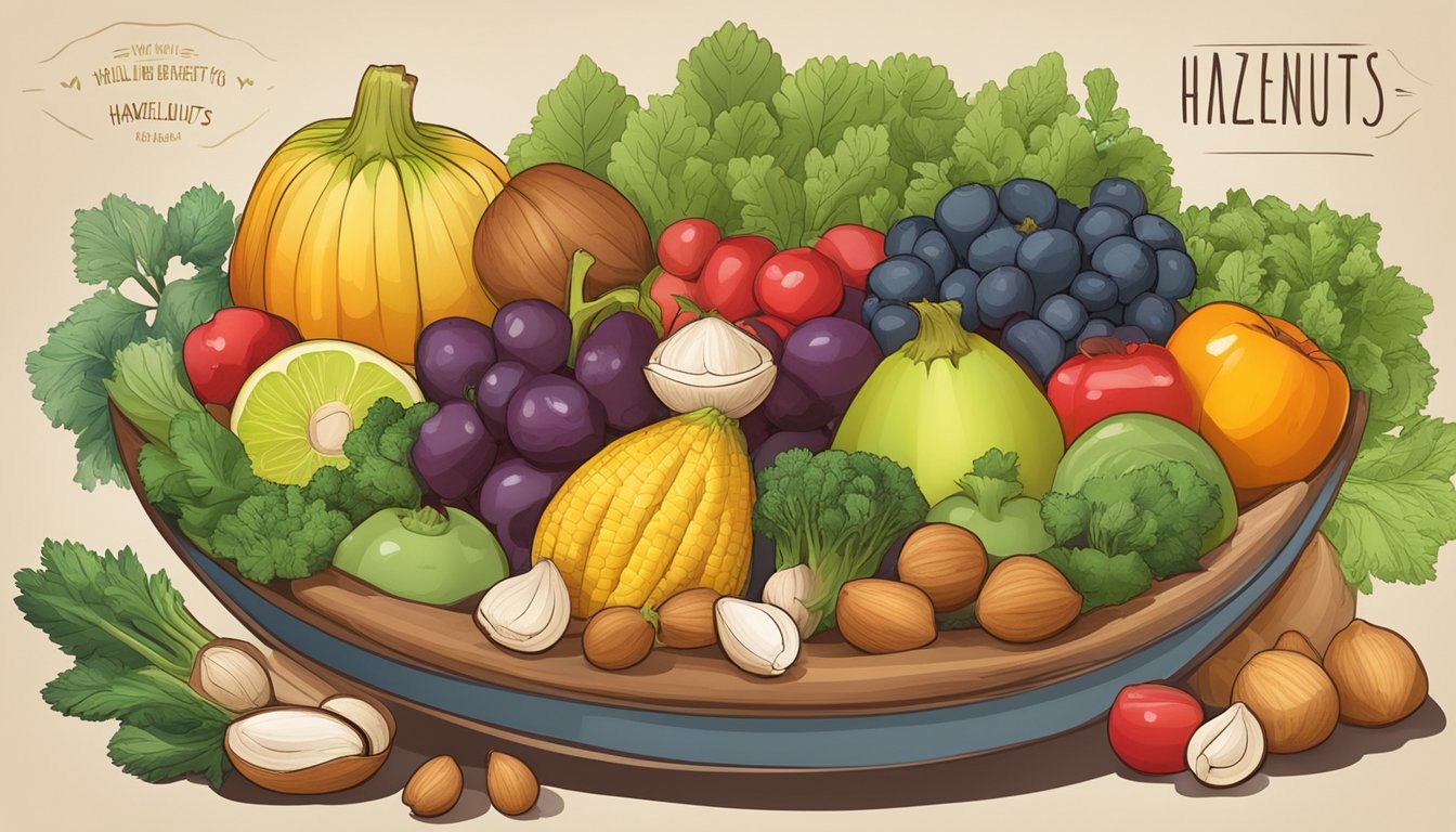 A bowl of hazelnuts surrounded by various fruits and vegetables, with a sign listing the health benefits of hazelnuts