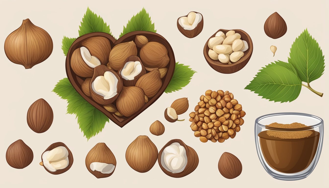 A variety of hazelnuts in different forms (whole, chopped, ground) surrounded by images of their health benefits (heart, brain, weight loss)