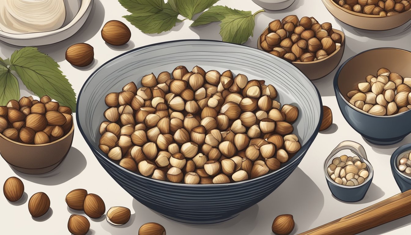 A bowl of hazelnuts surrounded by various kitchen utensils and ingredients, with a focus on their natural, wholesome appearance