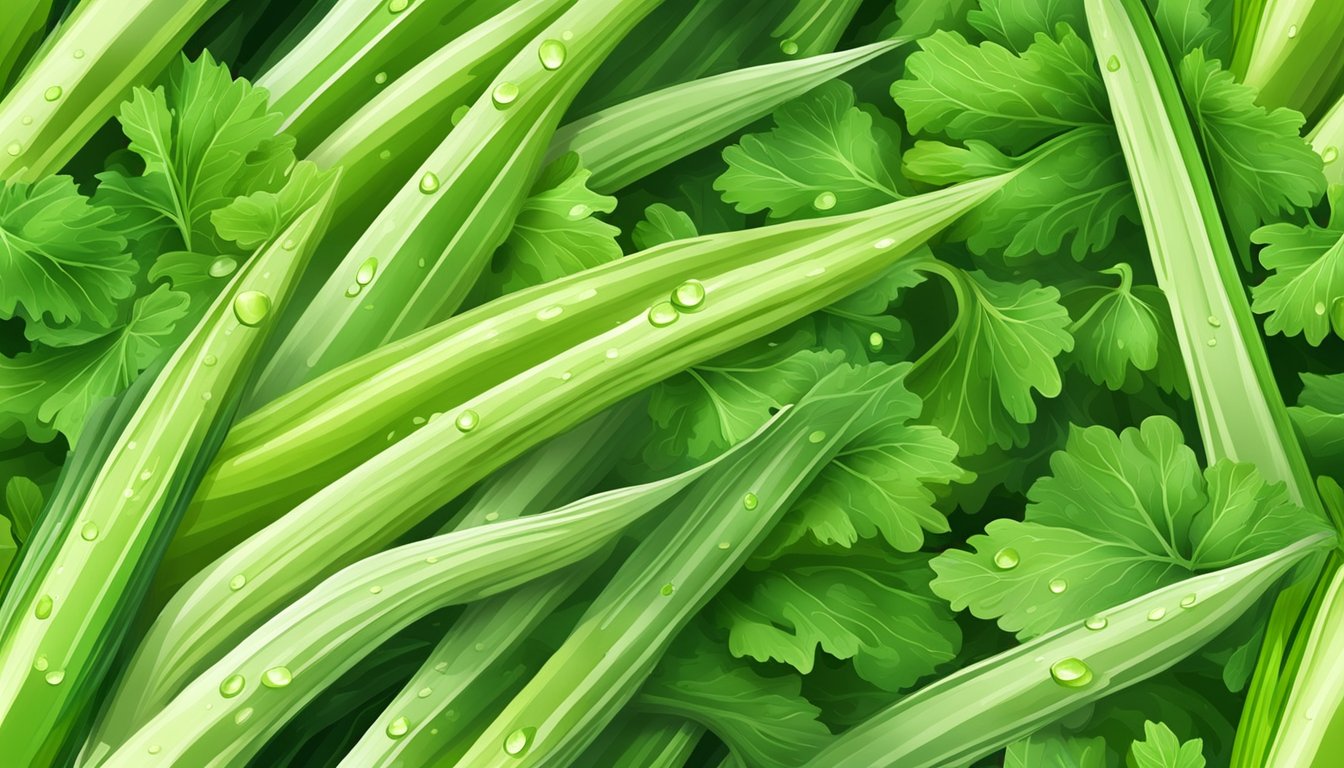 A pile of fresh celery stalks surrounded by vibrant green leaves, with a few drops of water glistening on the surface