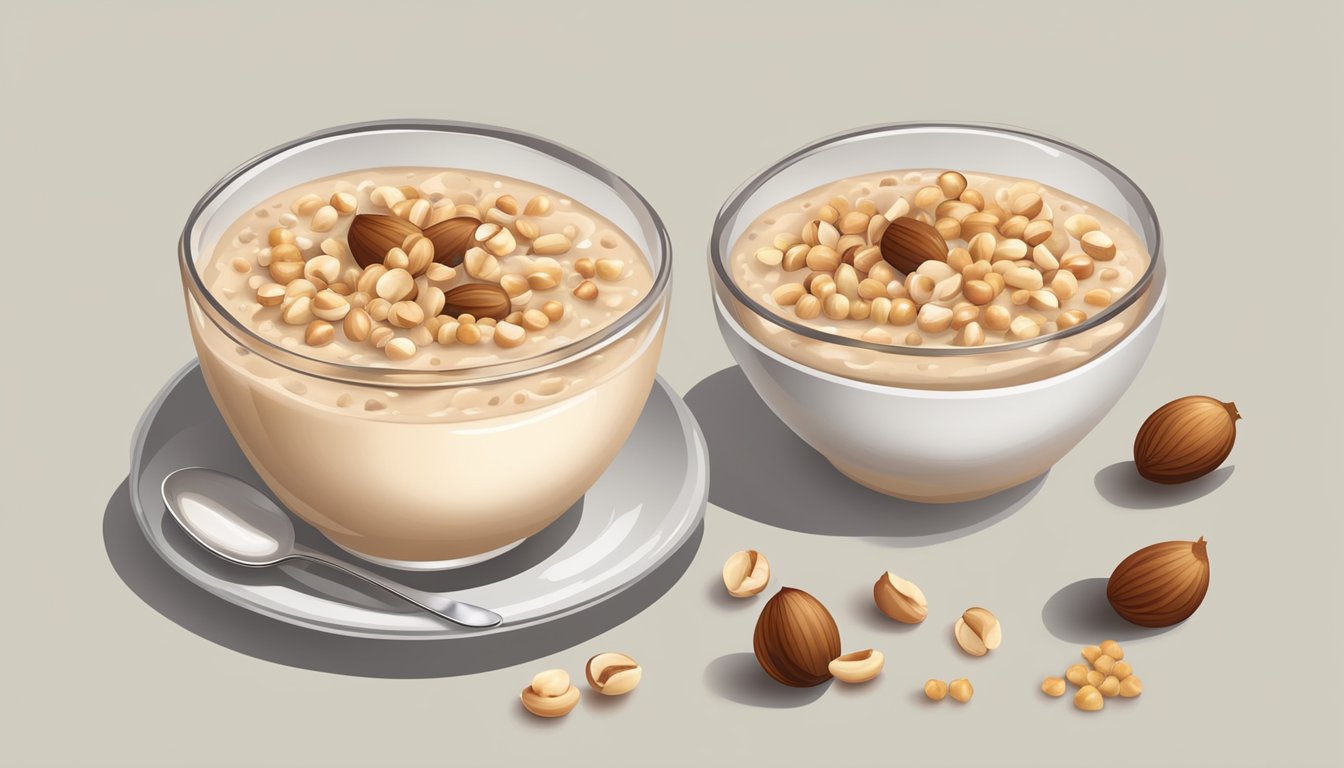 A bowl of oatmeal topped with chopped hazelnuts, surrounded by whole hazelnuts and a glass of hazelnut milk