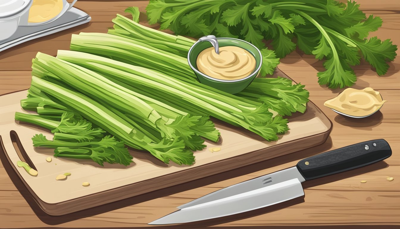 A bunch of fresh celery stalks arranged on a cutting board, with a knife and a bowl of hummus nearby