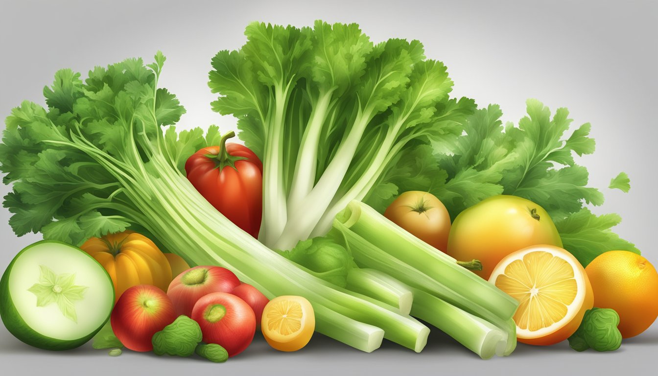 A stalk of celery surrounded by various fruits and vegetables, with a bright spotlight shining on it to emphasize its health benefits for disease prevention and management