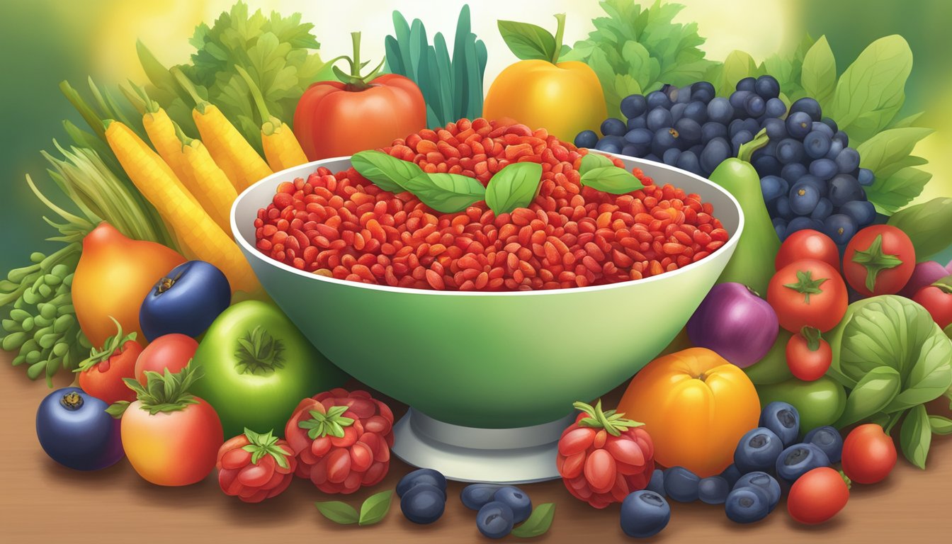 A bowl of goji berries surrounded by vibrant fruits and vegetables, with a glowing halo of light emphasizing their nutritional benefits