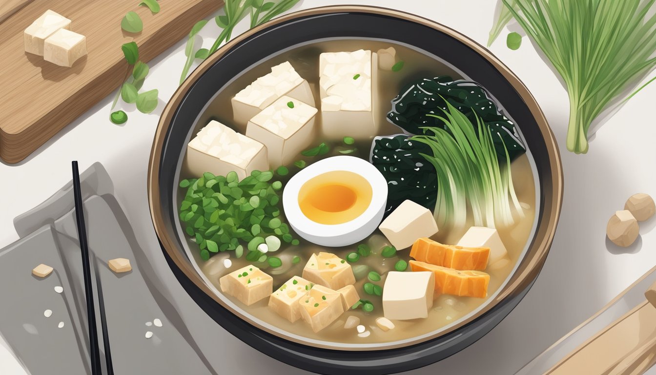 A bowl of miso soup surrounded by various ingredients such as tofu, seaweed, and green onions, with steam rising from the bowl