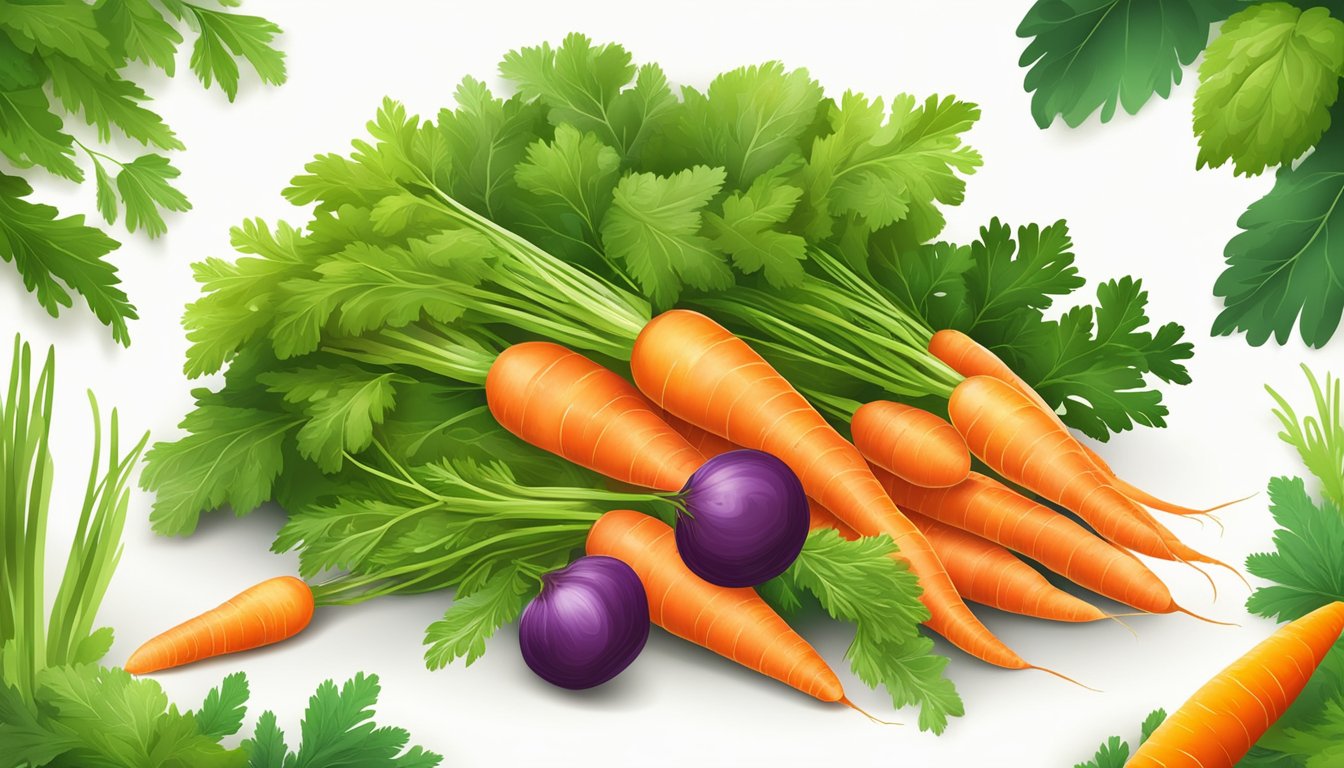 A pile of fresh carrots surrounded by vibrant green leaves, with a variety of colorful vegetables in the background