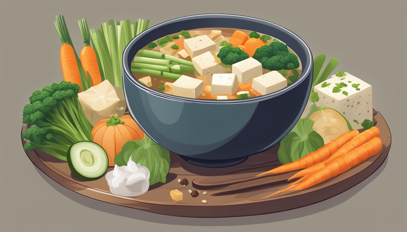 A steaming bowl of miso soup surrounded by various fresh vegetables and tofu, with a gentle wisp of steam rising from the surface