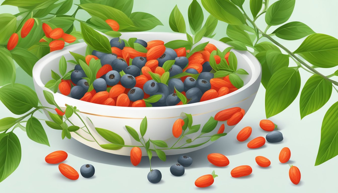 A colorful bowl of goji berries surrounded by vibrant green leaves and small branches, suggesting the health benefits and natural origins of the fruit