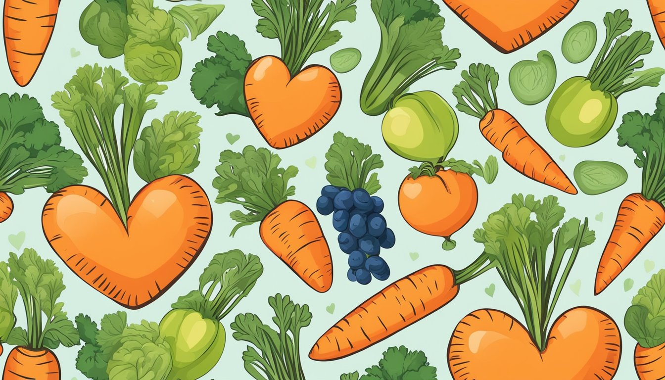 A vibrant bunch of carrots surrounded by heart-shaped vegetables and fruits, symbolizing the cardiovascular benefits of consuming carrots