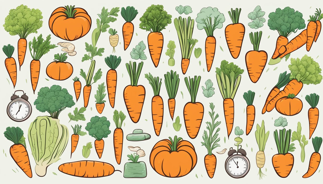 A vibrant bunch of carrots surrounded by various metabolic health symbols and indicators