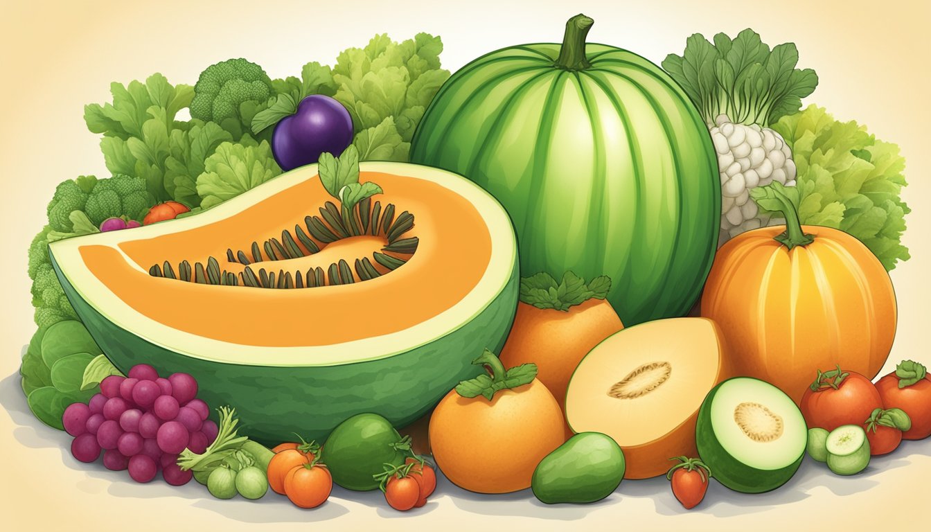 A vibrant cantaloupe surrounded by various fruits and vegetables, with a shining sun in the background, depicting the health benefits of disease prevention