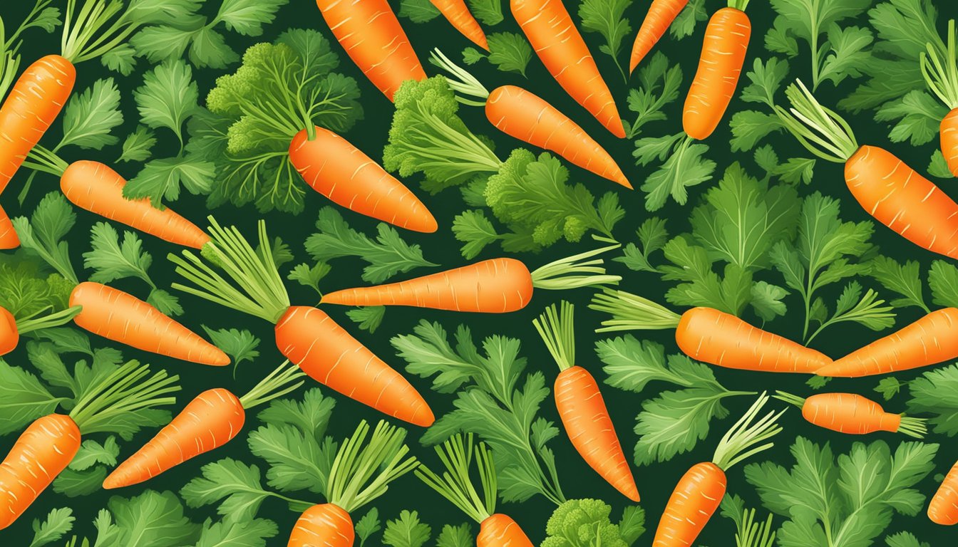 A colorful array of fresh carrots, varying in size and shape, with vibrant green tops, set against a backdrop of lush, leafy vegetables