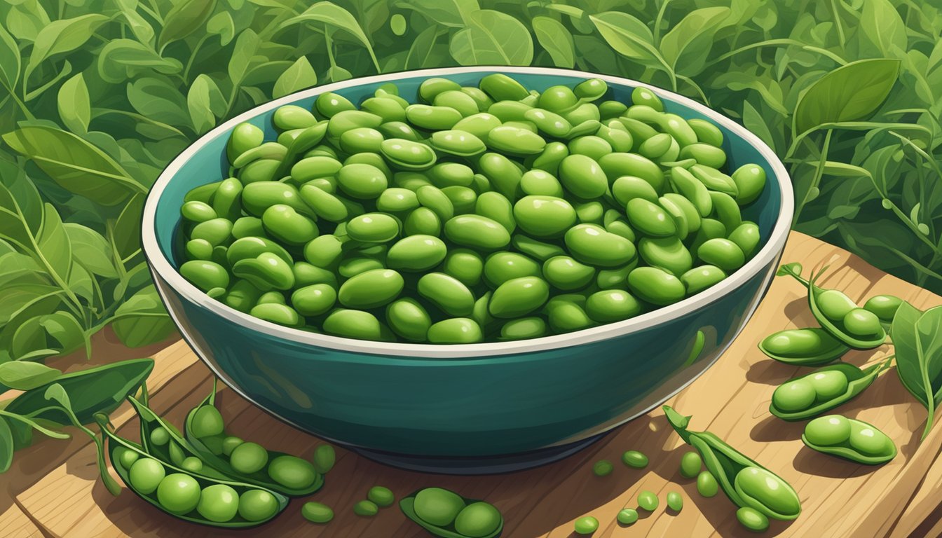 A bowl of fresh edamame beans surrounded by vibrant green soybean plants in a sunny field