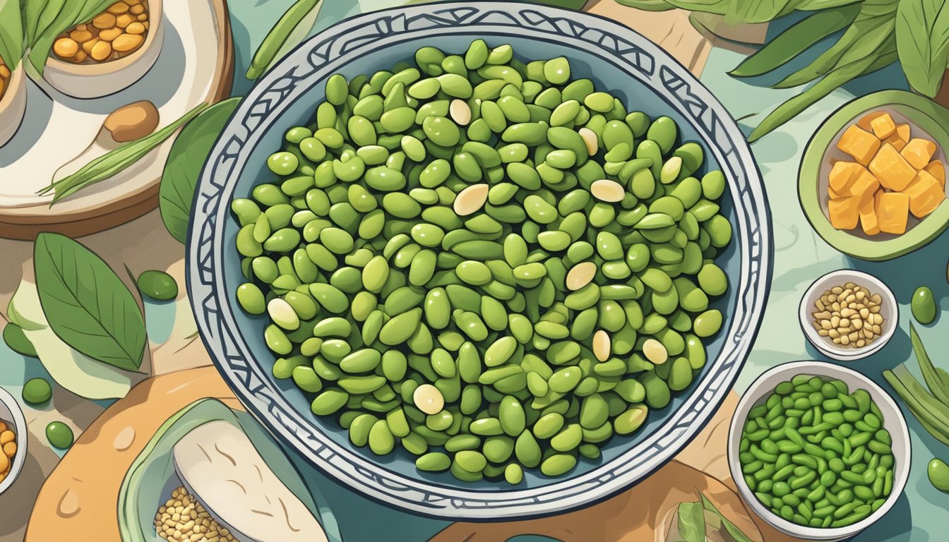 A bowl of fresh edamame surrounded by diverse cultural symbols and people enjoying the health benefits