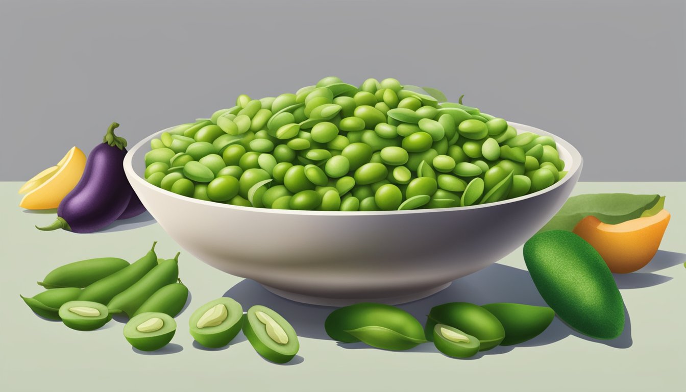 A bowl of edamame surrounded by various fruits and vegetables, with a focus on the vibrant green color and the texture of the beans