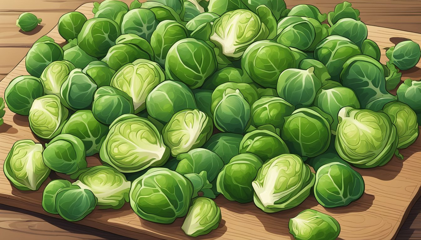 A colorful pile of fresh brussels sprouts surrounded by vibrant green leaves and a few scattered loose sprouts on a wooden cutting board