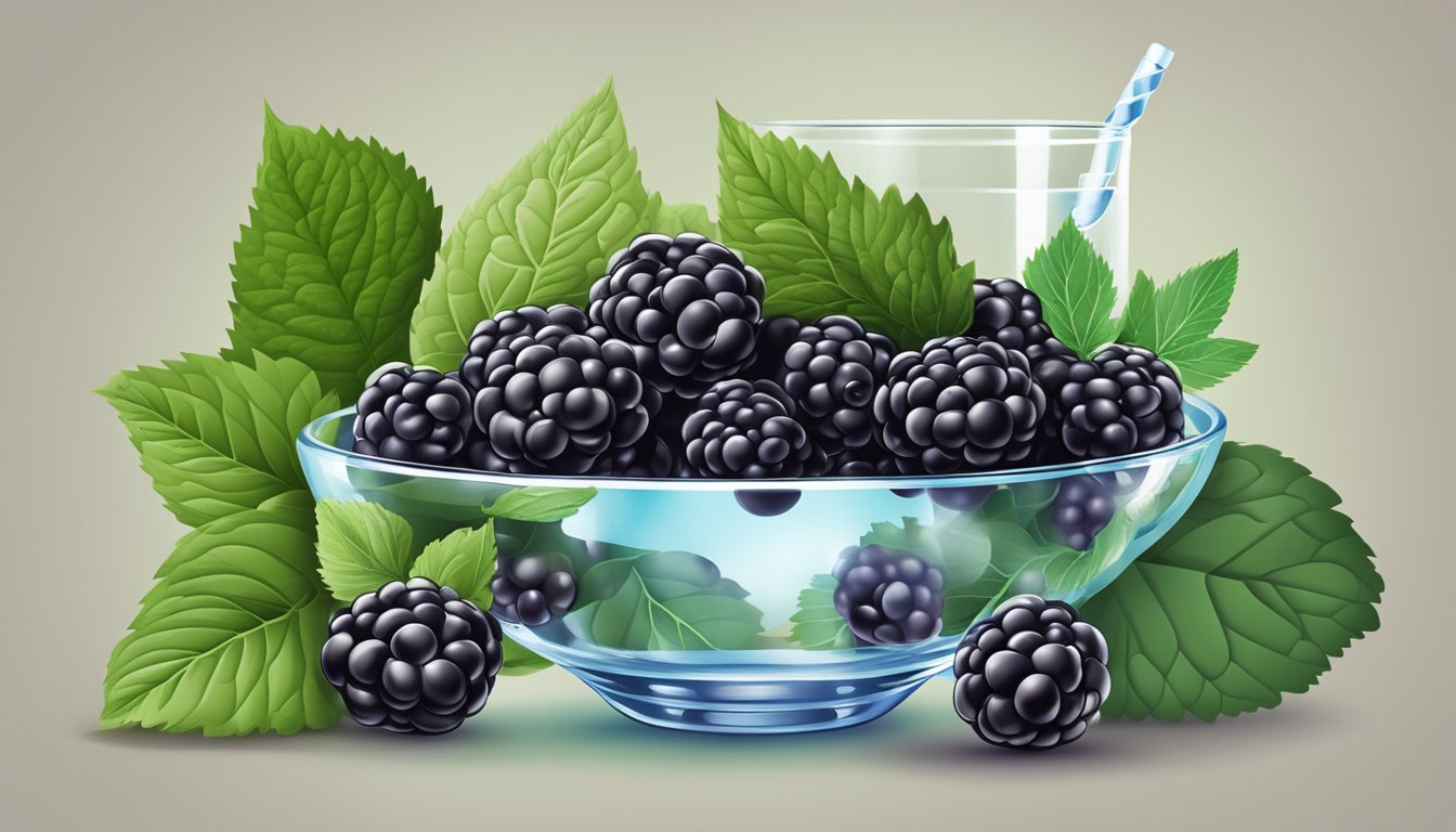 A bowl of fresh blackberries surrounded by green leaves and a glass of water, with a healthy digestive system icon in the background