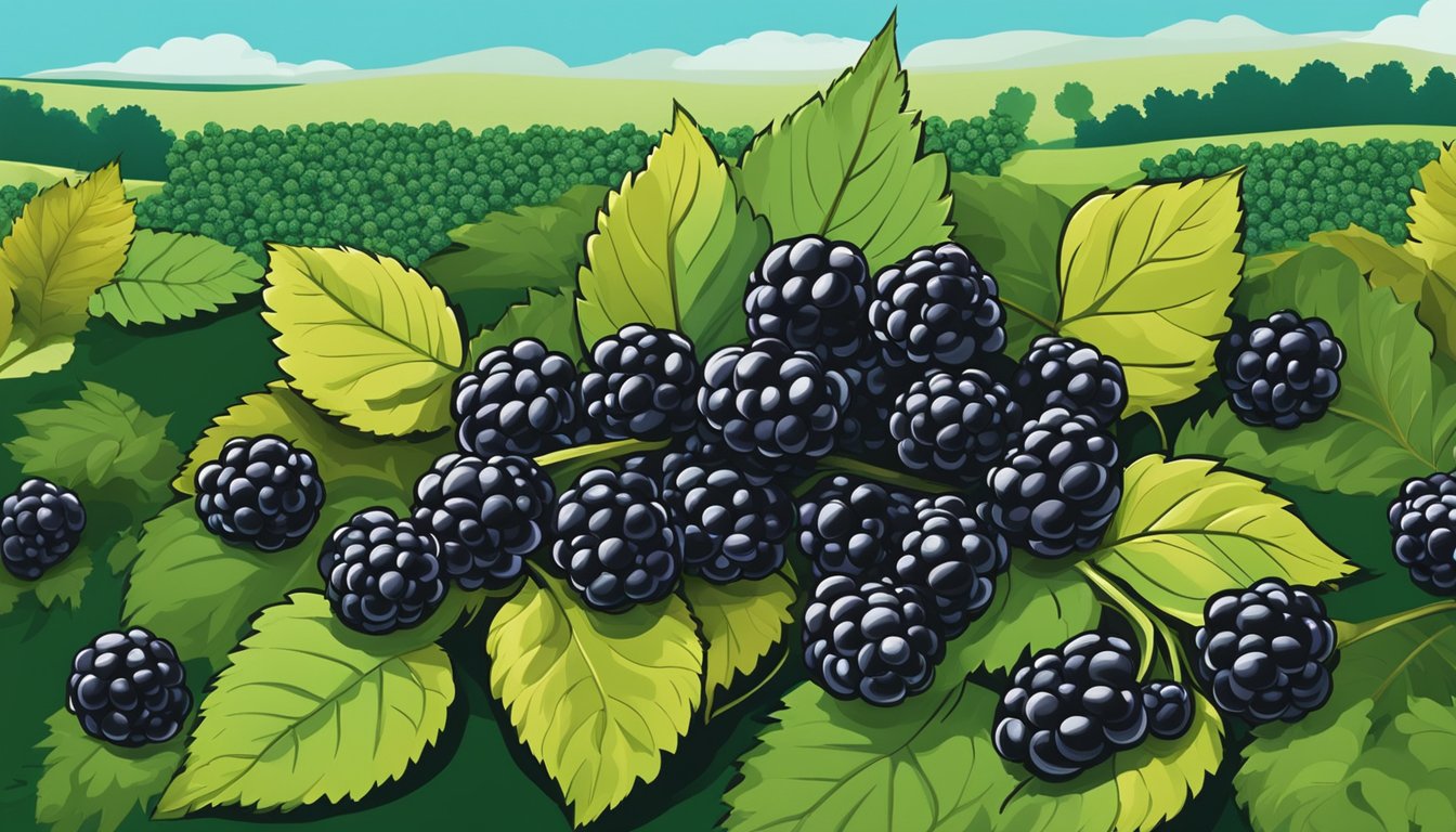 A pile of ripe blackberries surrounded by scattered leaves, with a background of a vibrant green field and a clear blue sky