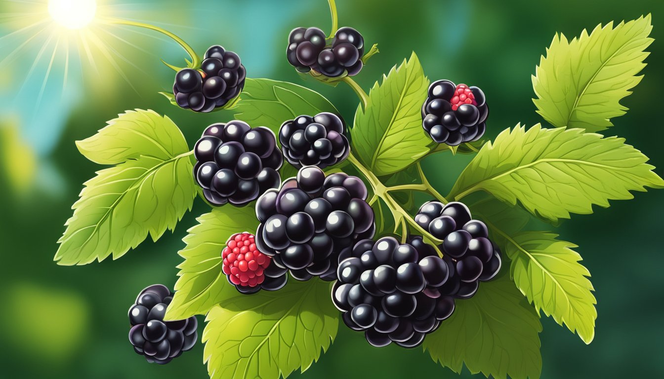 A vibrant bunch of ripe blackberries surrounded by green leaves, with a glowing sun in the background, representing the health benefits for the immune system and oral health