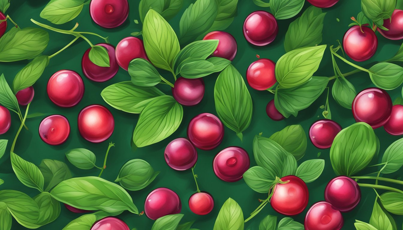 A vibrant illustration of ripe cranberries surrounded by green leaves, with a subtle hint of potential risks and side effects lurking in the background