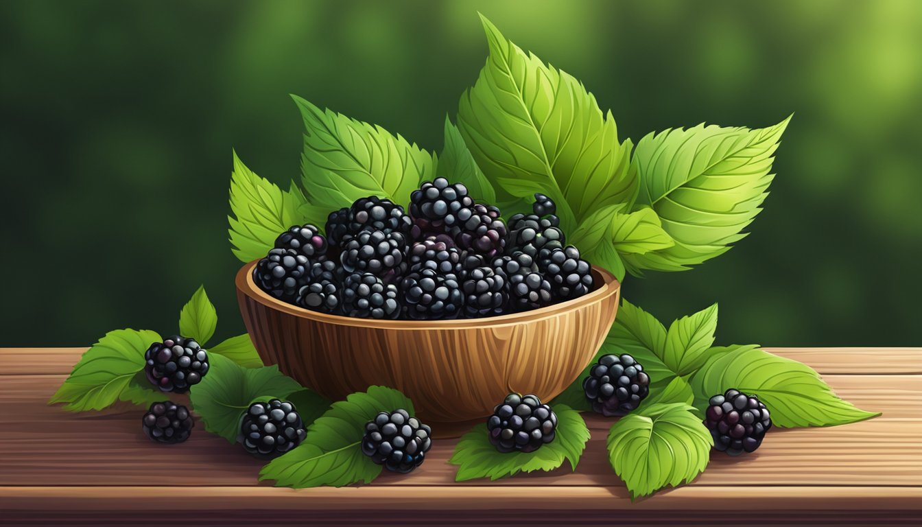 A colorful bowl of fresh blackberries surrounded by green leaves on a wooden table