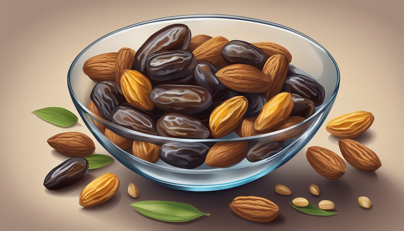 A bowl of fresh dates surrounded by a variety of nuts and seeds, with a glass of water on the side