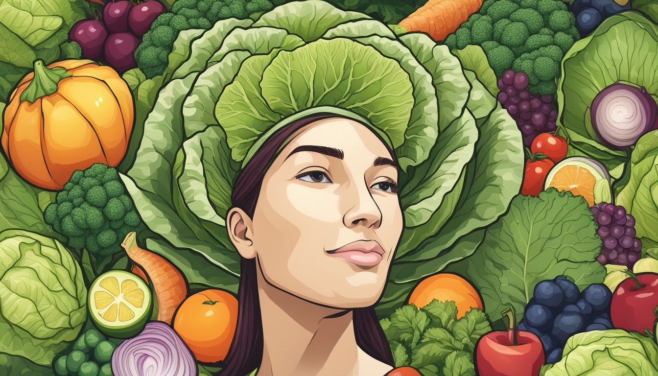 A head of cabbage surrounded by various fruits and vegetables, with a glowing halo to depict its nutritional benefits