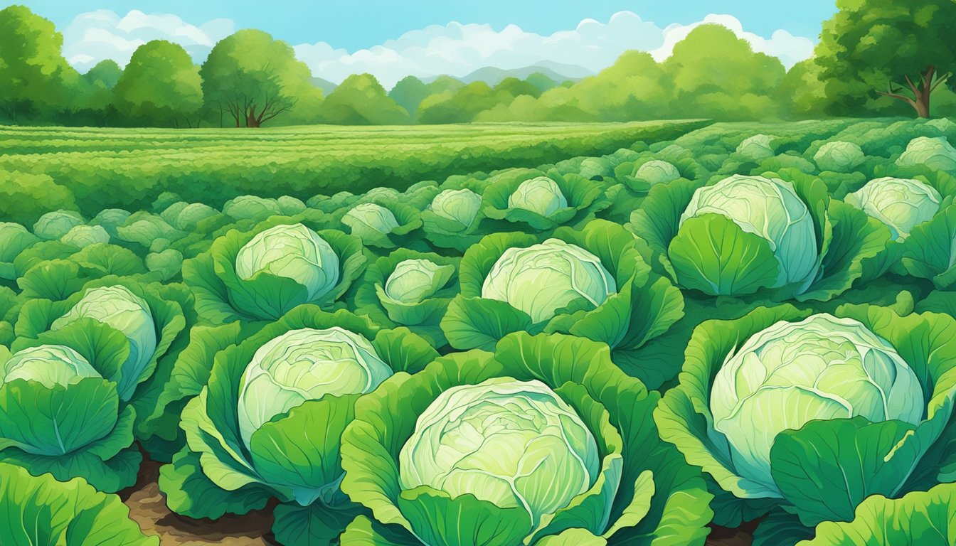 A vibrant cabbage patch surrounded by healthy, green foliage and a clear blue sky, with a few cabbages ready for harvest