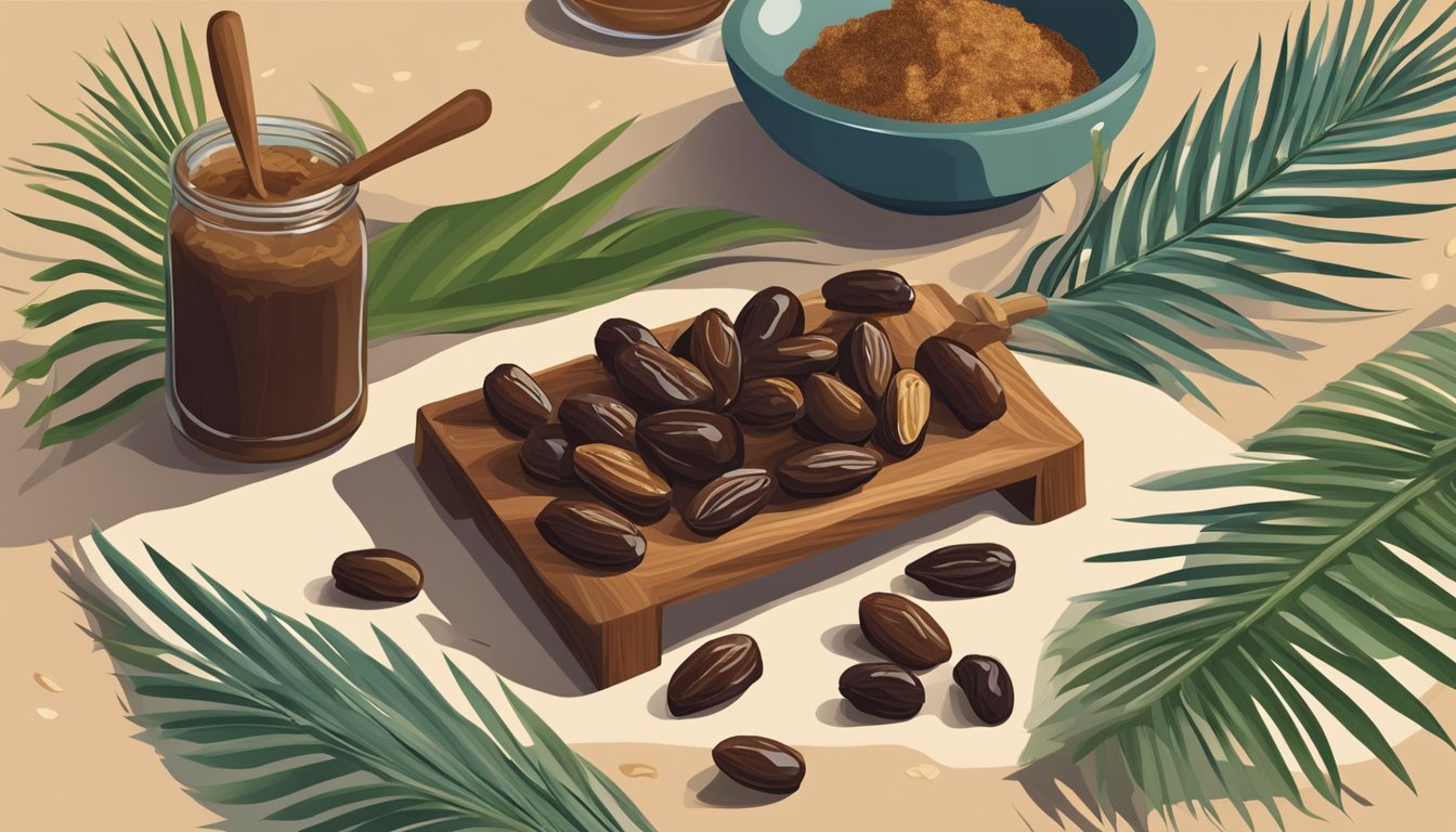 A variety of fresh dates arranged on a wooden cutting board, surrounded by scattered date palm leaves and a small bowl of date paste