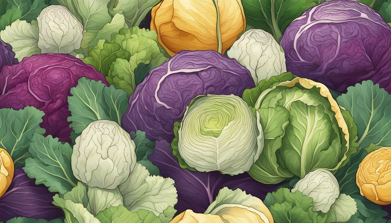 A variety of cabbage heads arranged with colorful leaves and a selection of culinary tools surrounding them