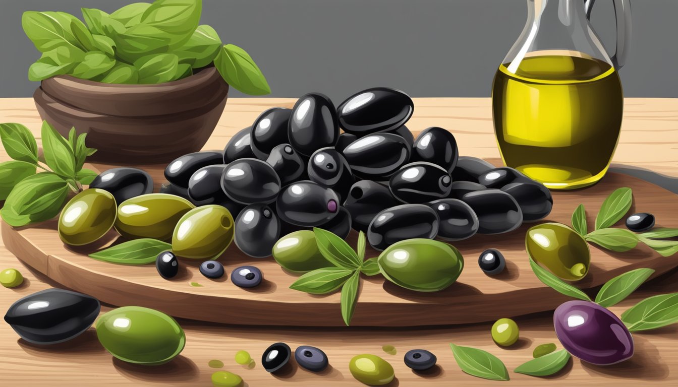 A colorful array of olives, including green, black, and kalamata varieties, arranged on a wooden cutting board alongside fresh herbs and a drizzle of olive oil