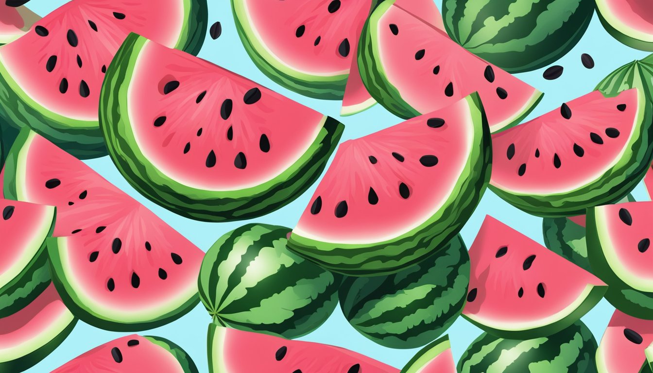 A juicy watermelon sliced open, revealing its vibrant pink flesh and black seeds, surrounded by fresh green leaves and a clear blue sky