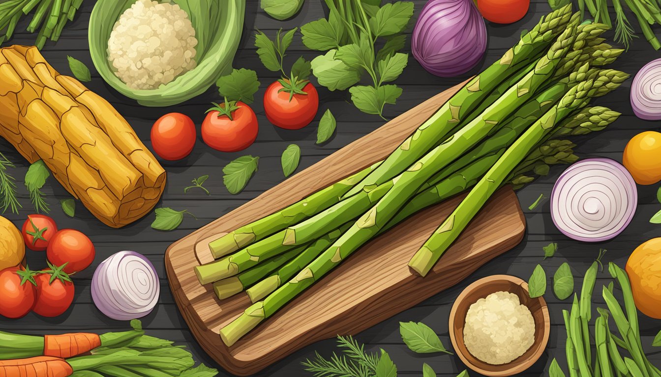 A vibrant bunch of asparagus spears, arranged on a wooden cutting board, surrounded by fresh herbs and a variety of colorful vegetables