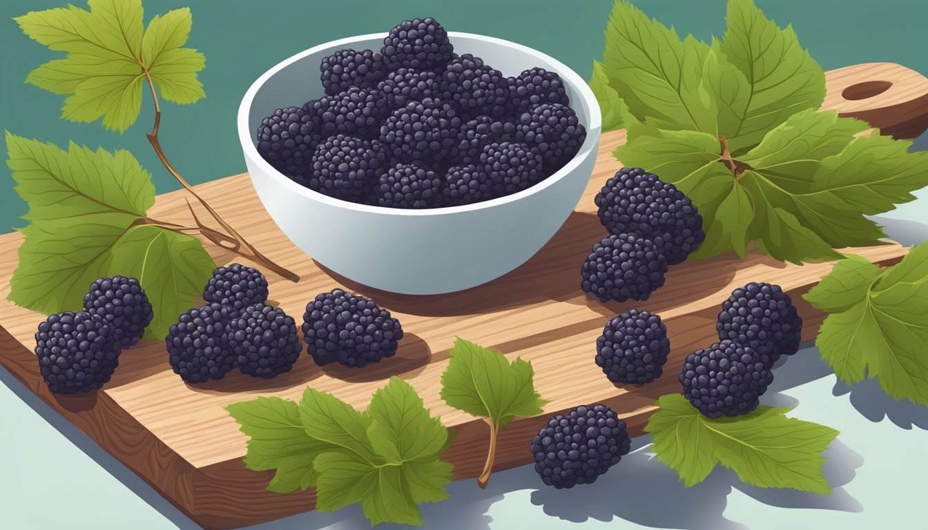 A bowl of ripe mulberries surrounded by leaves and branches, with a few mulberries scattered on a wooden cutting board