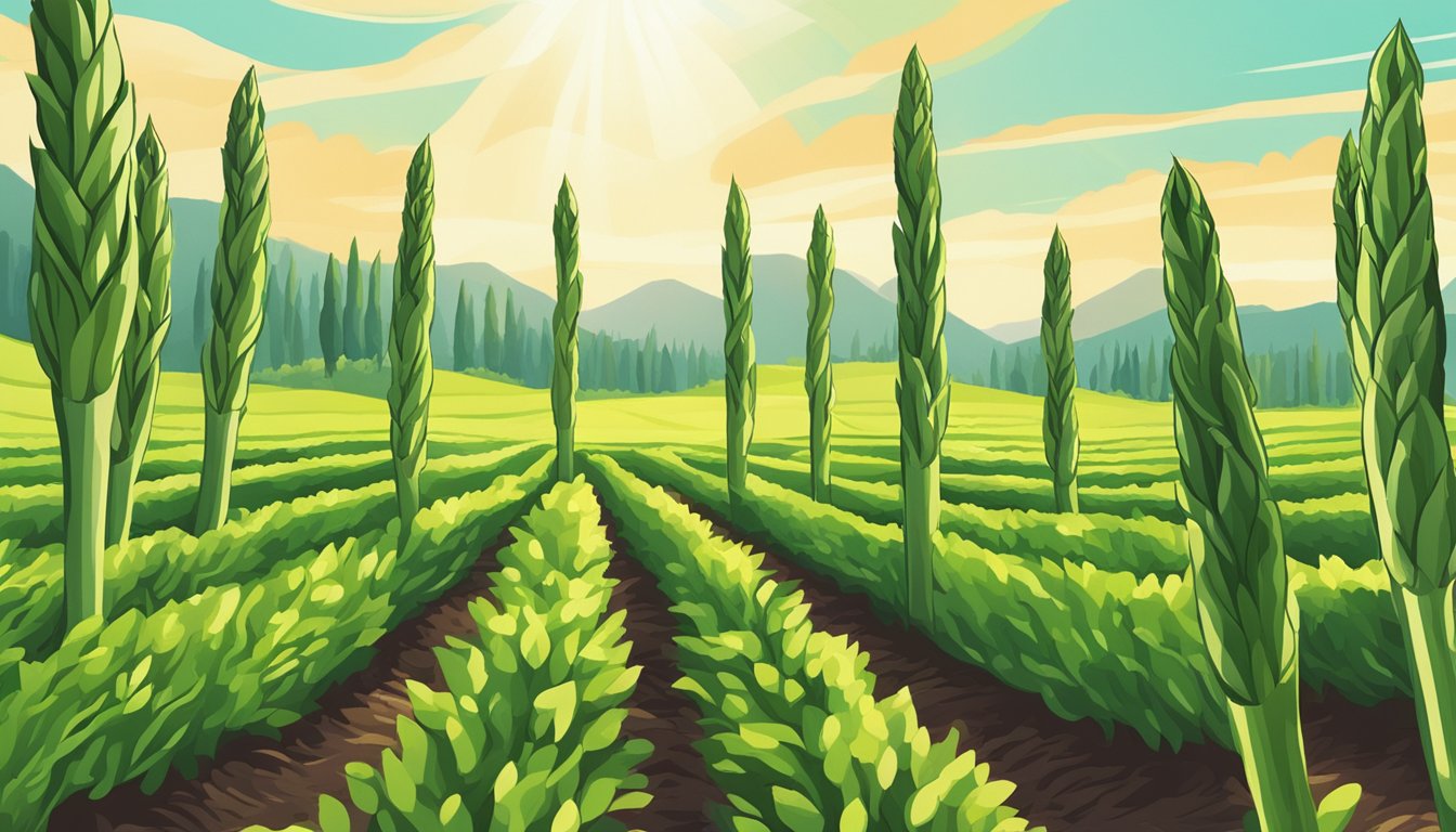 A lush field of asparagus plants growing under the warm sun, with vibrant green spears reaching towards the sky