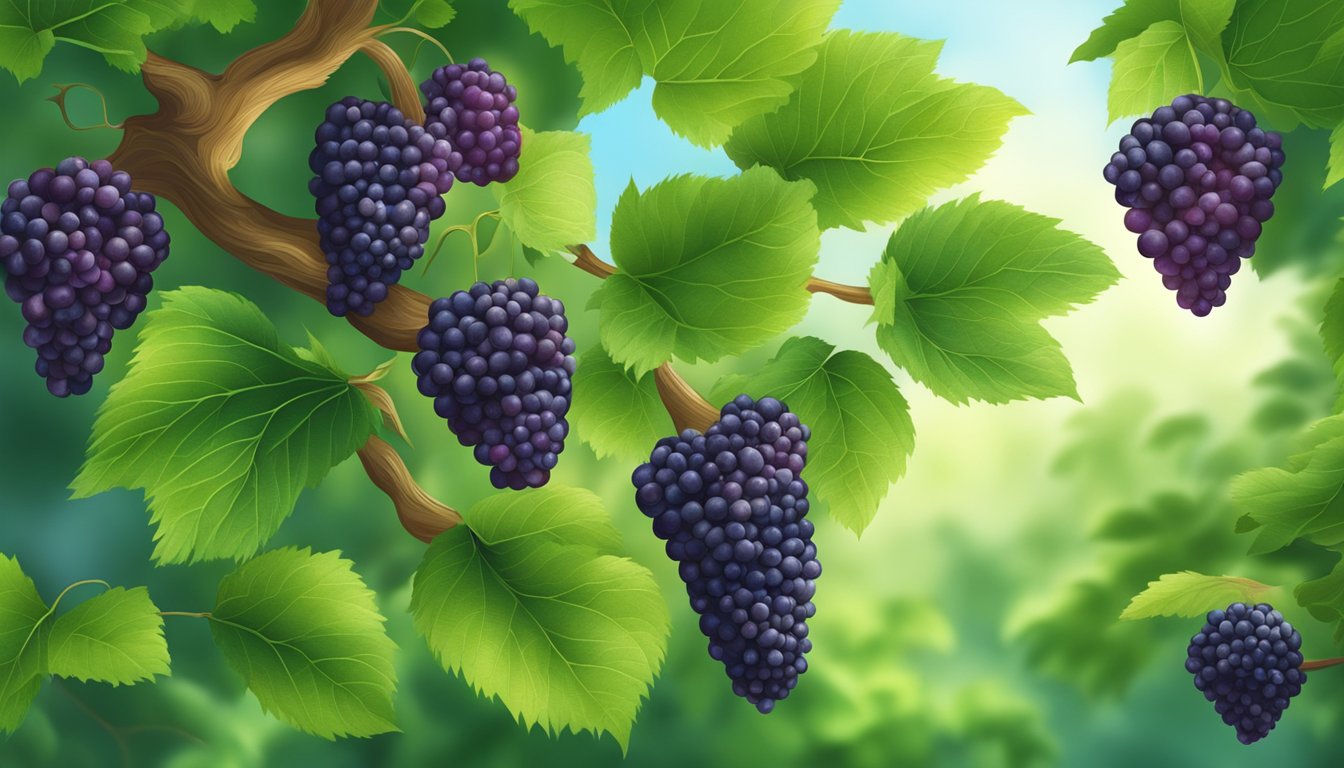 A lush mulberry tree surrounded by vibrant green leaves and ripe, juicy berries, with a sense of tranquility and healing in the air