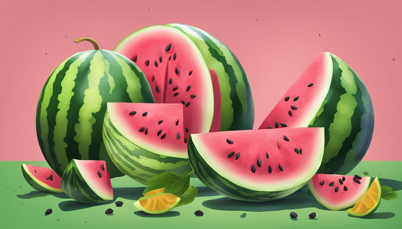 A watermelon sliced open, with vibrant pink flesh and black seeds, surrounded by vibrant green rind