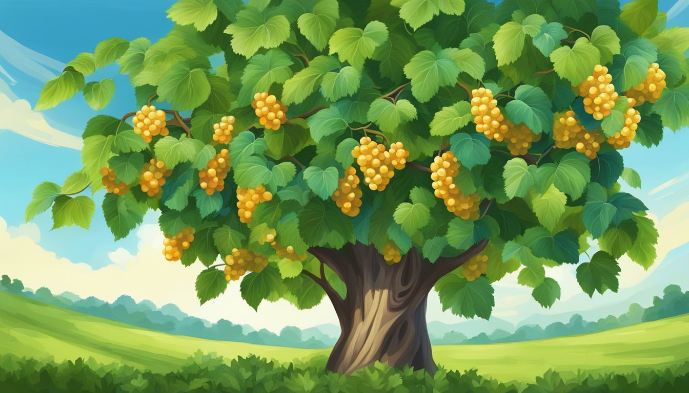 A bountiful mulberry tree with ripe, juicy fruits hanging from its branches, surrounded by lush green leaves and a clear blue sky overhead