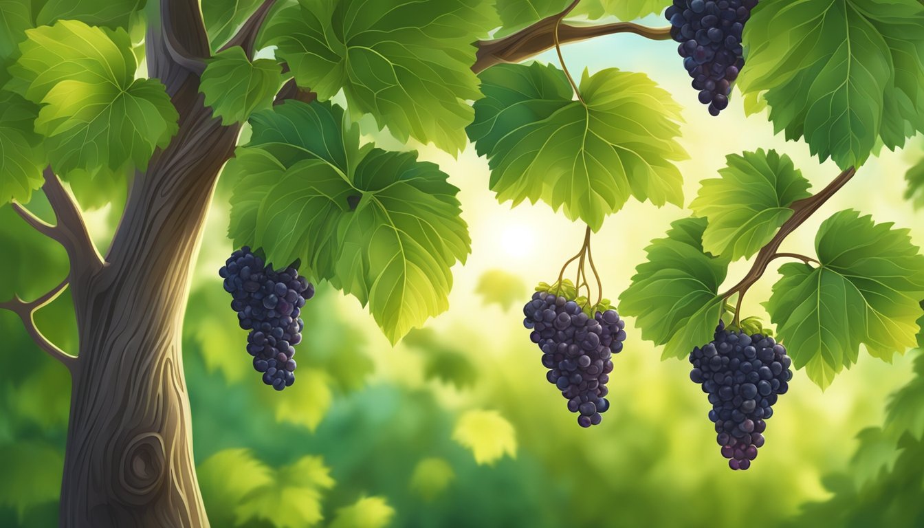 A lush mulberry tree with ripe, plump berries hanging from the branches, surrounded by vibrant green leaves and dappled sunlight filtering through the foliage