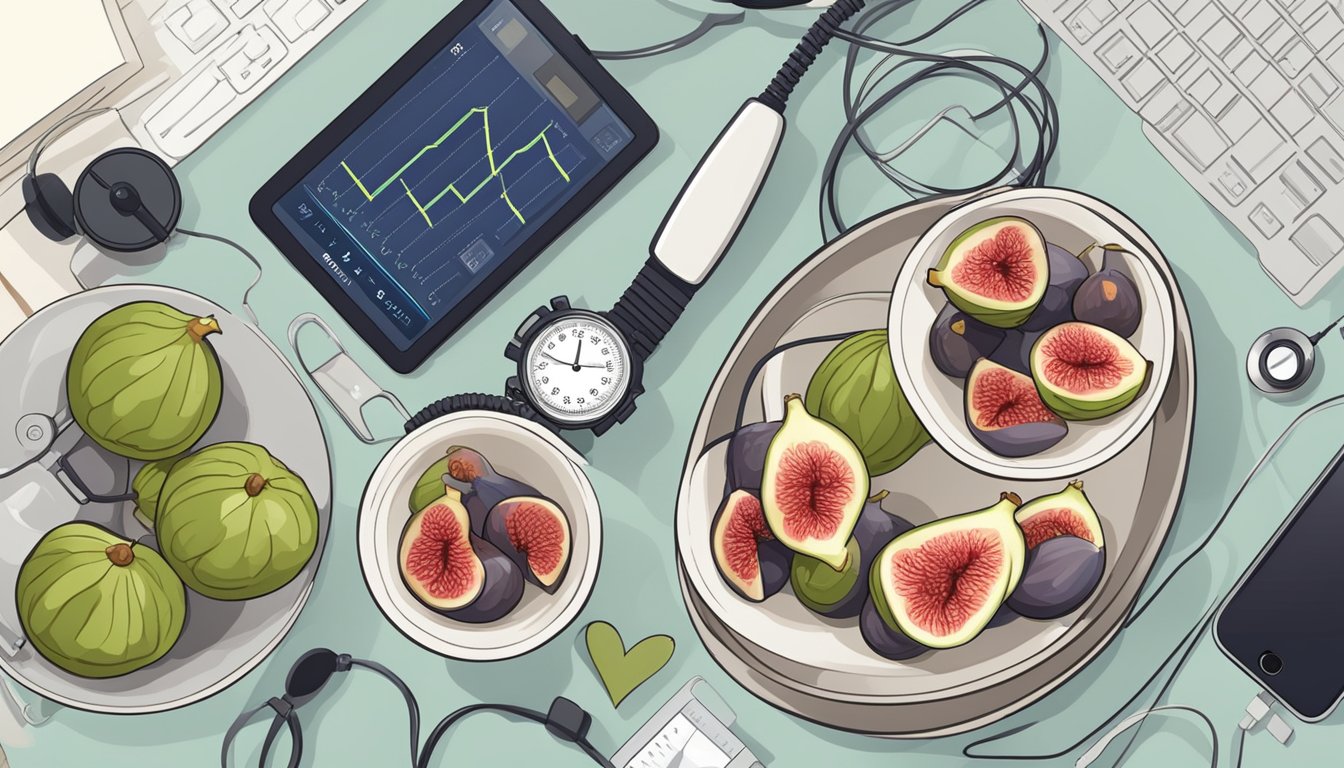 A bowl of fresh figs surrounded by a heart rate monitor and blood pressure cuff