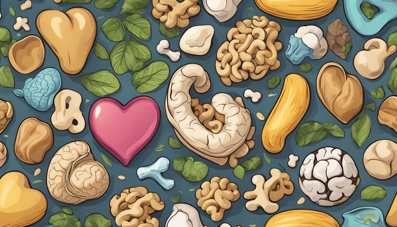 A pile of cashews surrounded by images of heart, brain, and bones, representing their health benefits