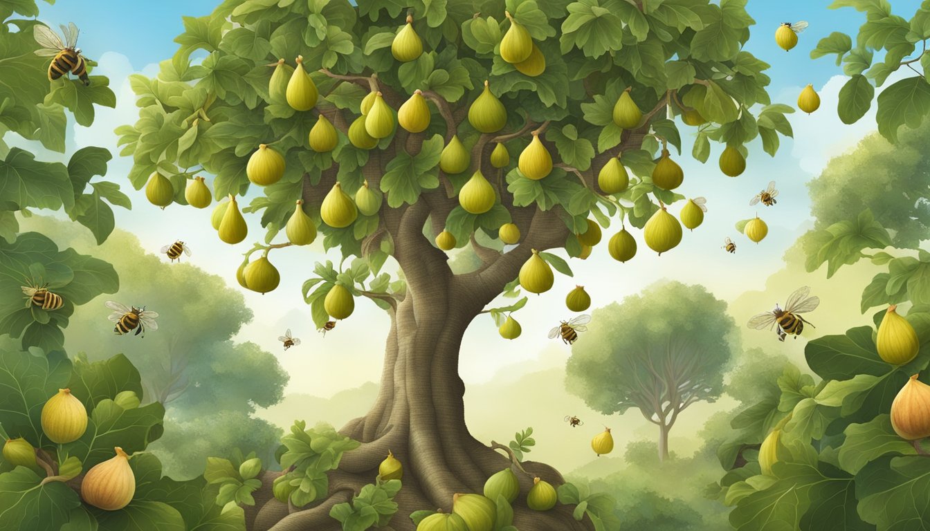 A lush fig tree with ripe fruit, surrounded by buzzing bees and small animals, illustrating the natural health benefits of figs