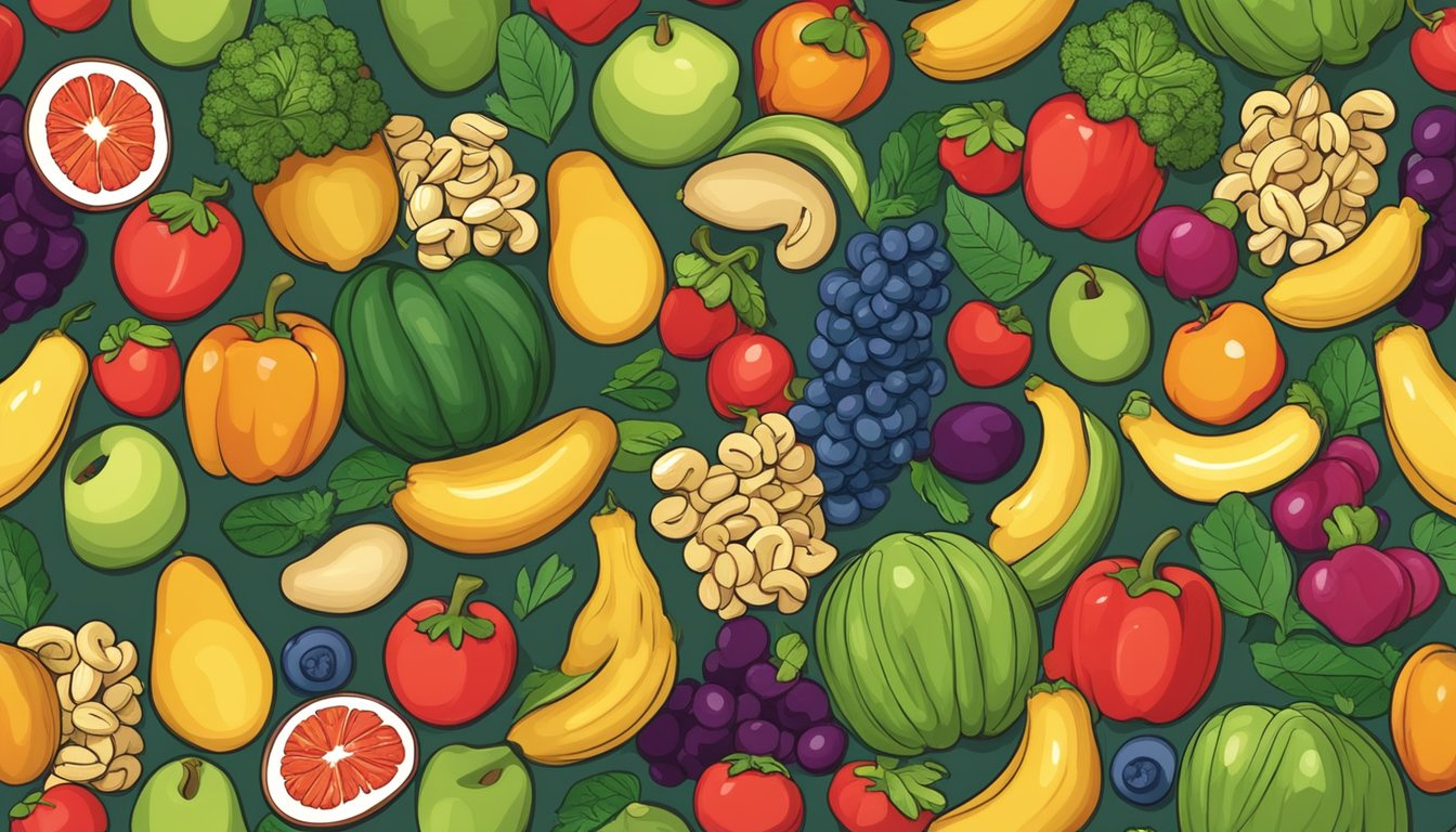 A pile of cashews surrounded by various fruits and vegetables, symbolizing the health benefits and potential risks associated with consuming cashews