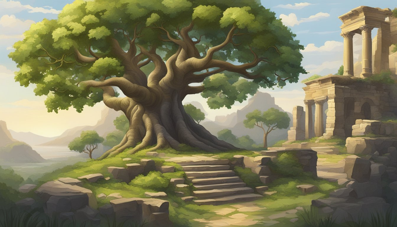 A lush fig tree surrounded by ancient ruins, symbolizing the historical and cultural significance of figs