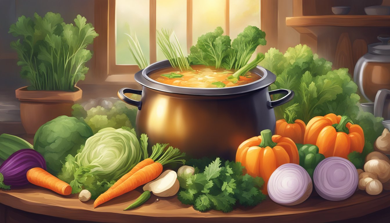 A steaming pot of bone broth surrounded by fresh vegetables and herbs, with a warm, comforting glow emanating from the simmering liquid