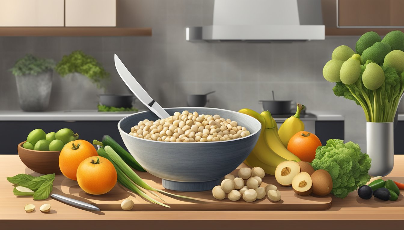 A bowl of macadamia nuts surrounded by fresh fruits and vegetables, with a chef's knife and cutting board nearby