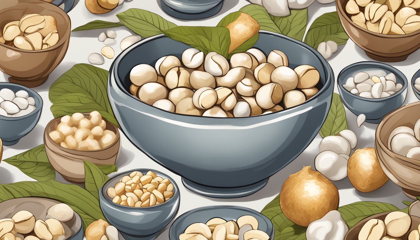 A bowl of macadamia nuts surrounded by images of healthy heart, brain, and skin