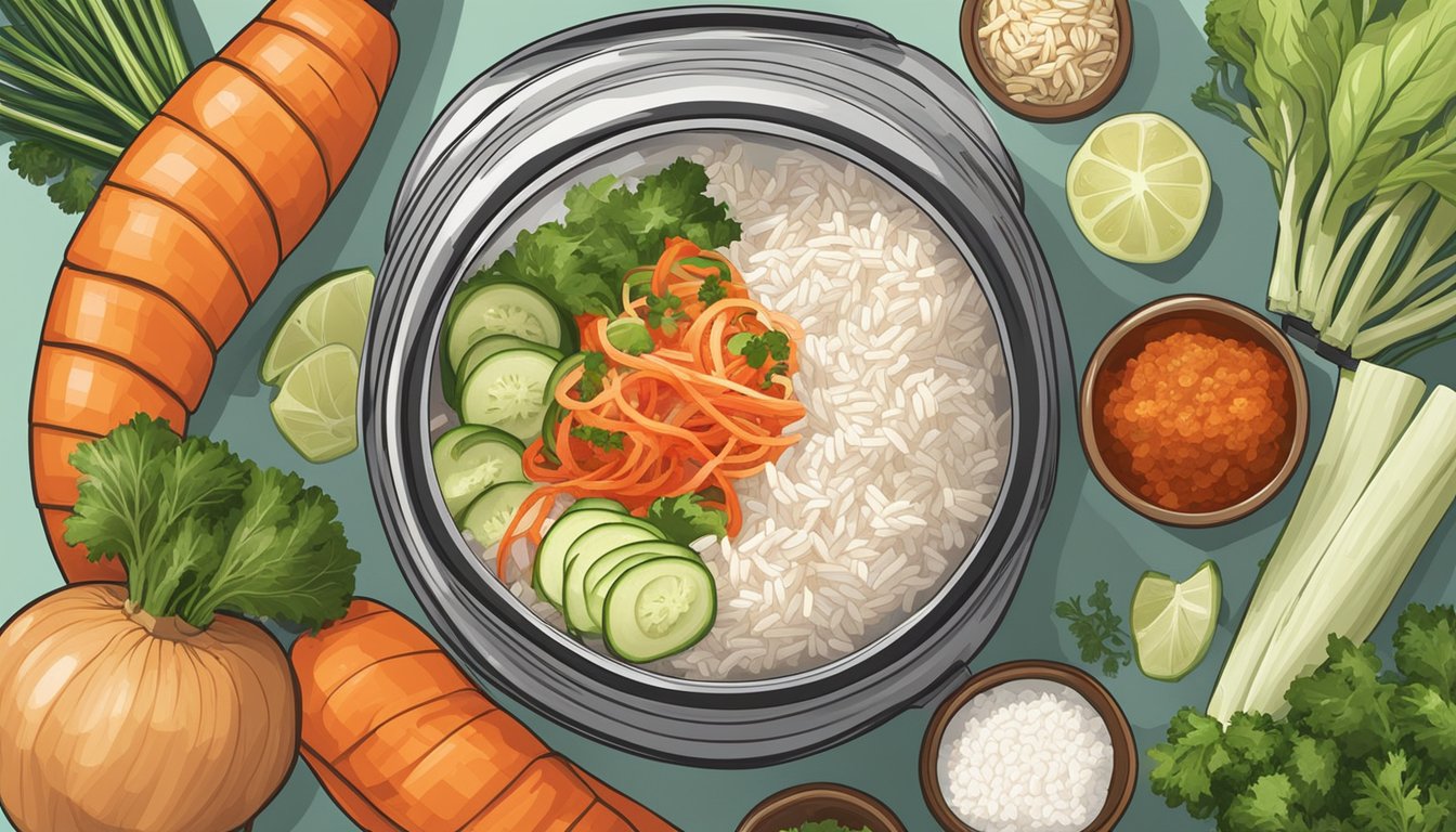 A jar of kimchi surrounded by various fresh vegetables and spices, with a steaming bowl of rice on the side