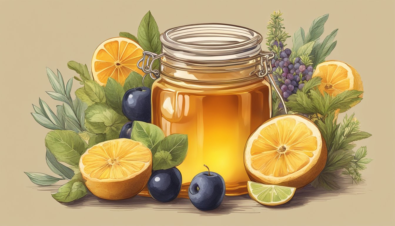 A jar of honey surrounded by various fruits and herbs, with a warm, inviting glow